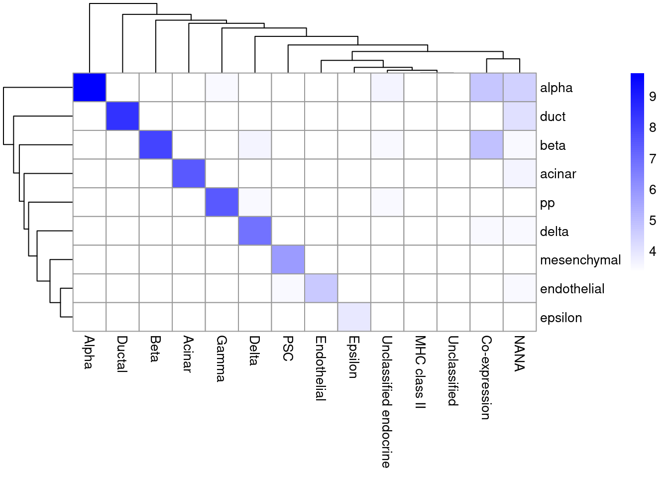 Heatmap of the confusion matrix between the predicted labels (rows) and the independently defined labels (columns) in the Segerstolpe dataset. The color is proportinal to the log-transformed number of cells with a given combination of labels from each set.