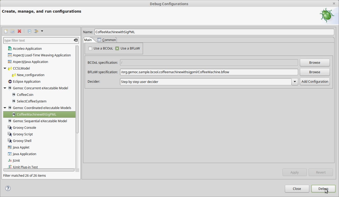 Debug Configuration for the Coordinated Execution Engine