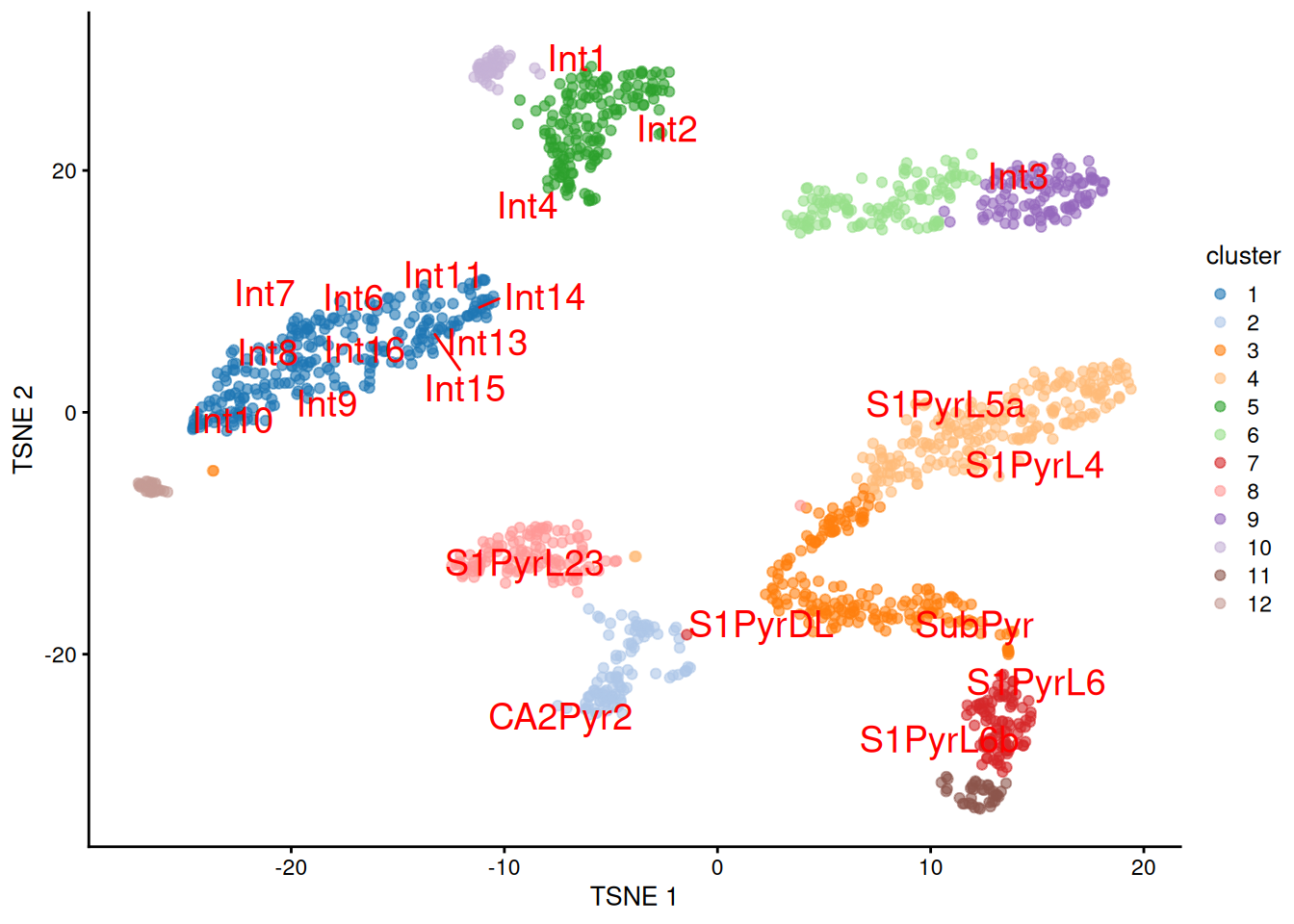 $t$-SNE plot of the Tasic dataset, where each point is a cell and is colored by the assigned cluster. Reference labels from the Zeisel dataset are also placed on the median coordinate across all cells assigned with that label.