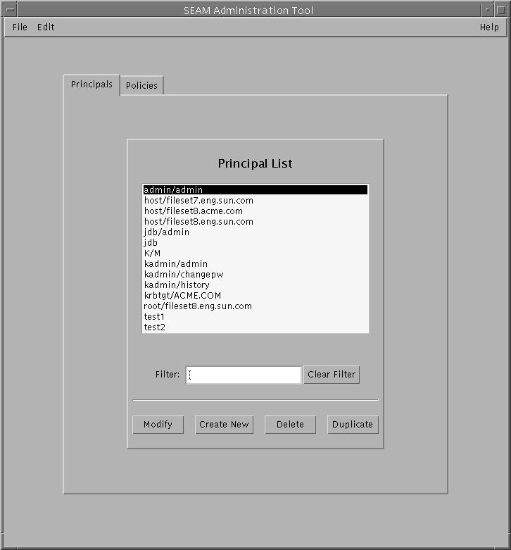 Dialog box titled Seam Administration Tool shows a list of principals and a list filter. Shows Modify, Create New, Delete, and Duplicate buttons.